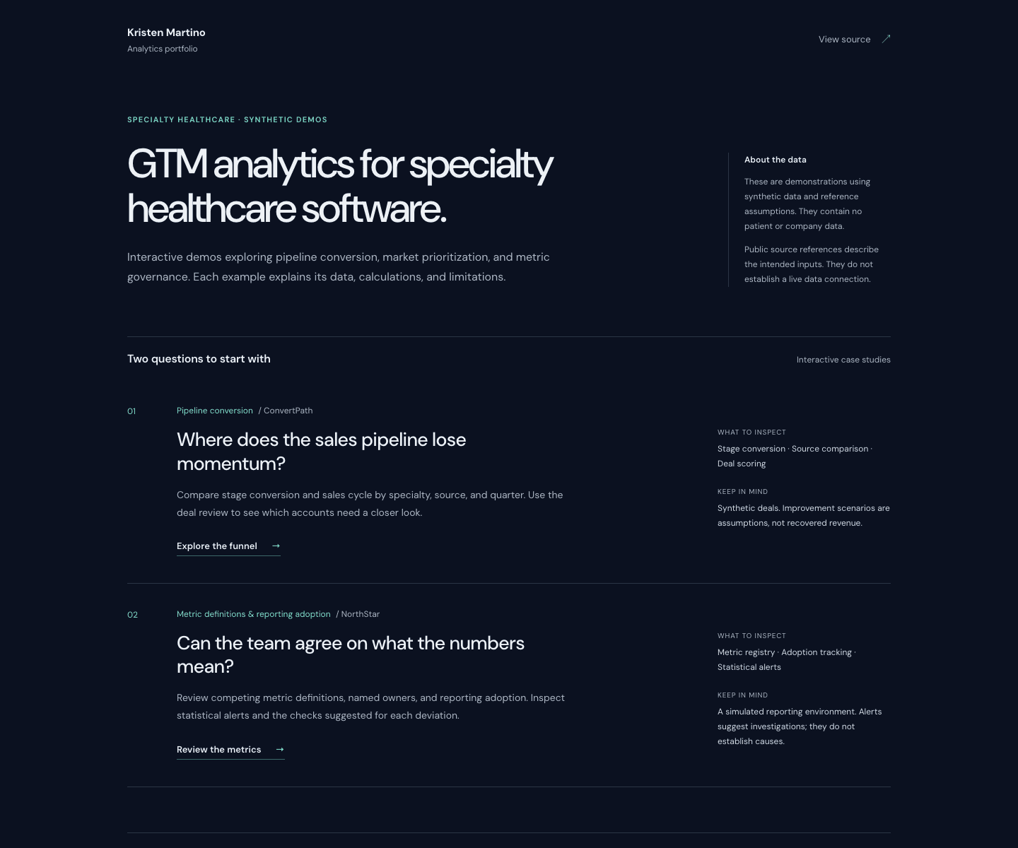 GTM Healthcare Intelligence hub with entry points for ConvertPath pipeline analysis and NorthStar metric definitions, alongside a synthetic-data notice.