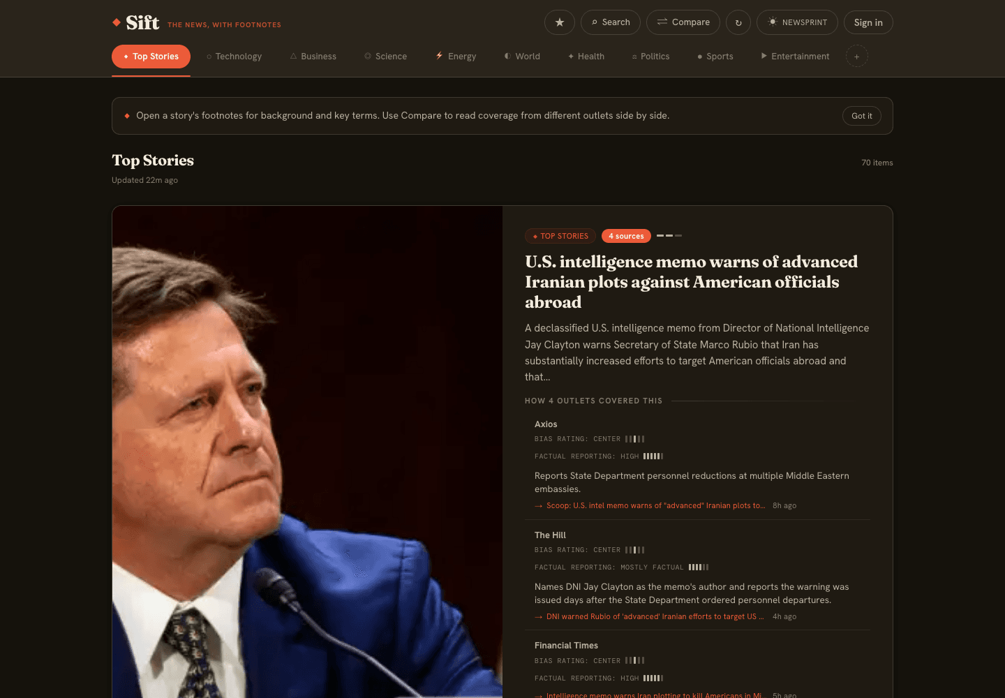 Sift news feed with a grouped Top Stories item, links to original articles and attributed outlet ratings.