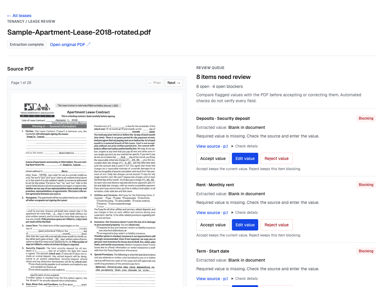 Tenancy's live review queue beside the source lease PDF, showing eight review items and four open blockers separately from extraction completion.