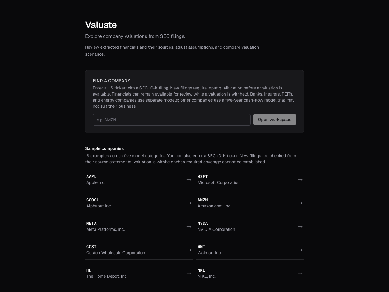 Valuate's company selector explains that new filings require input qualification, and that sample-company links do not establish publication approval.
